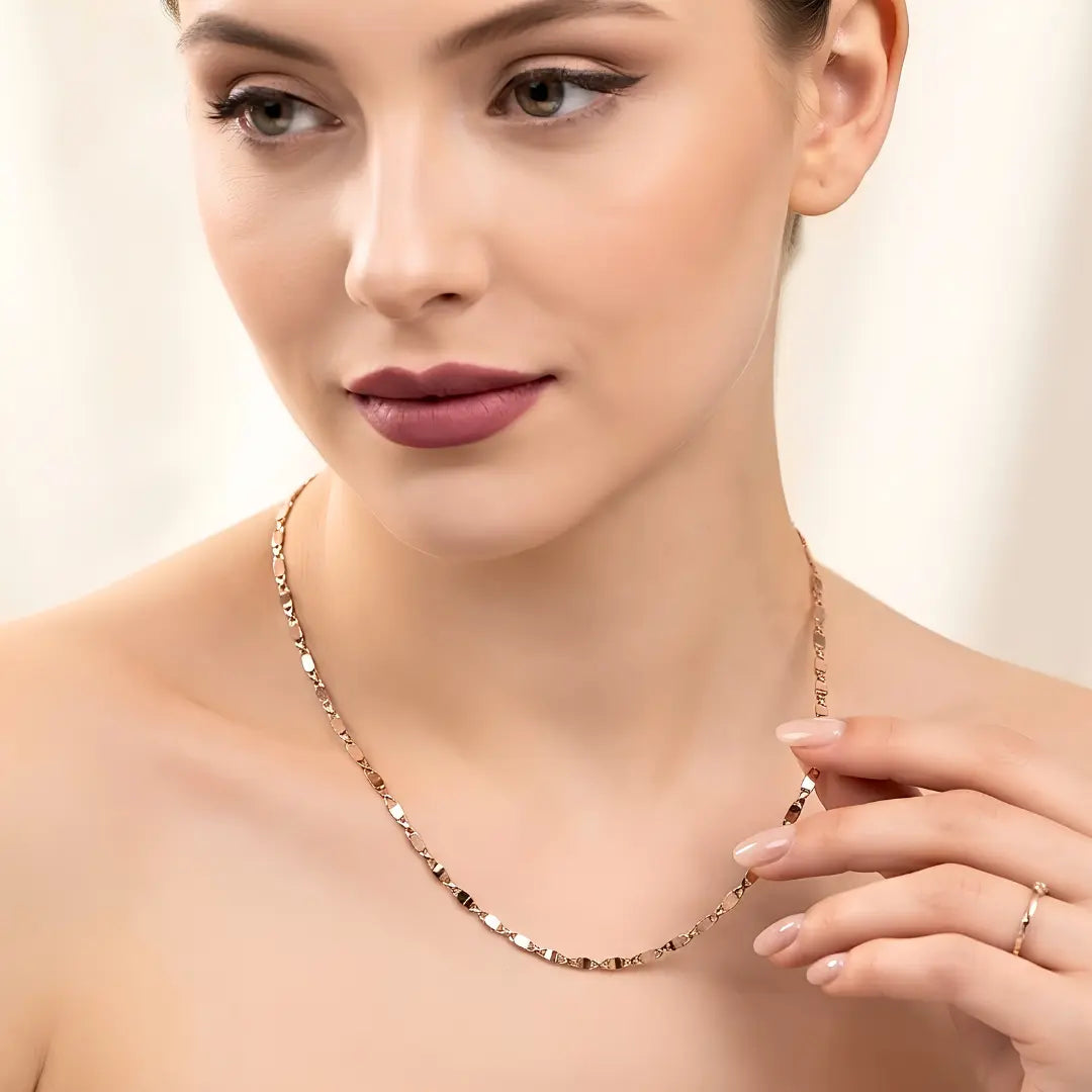 18K Rose Gold Filled Alternating Link Chain Necklace – 60cm Length, Tarnish-Proof Waterproof Disc Station Chain